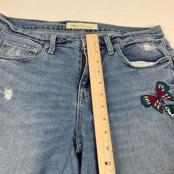 GAP Best Girlfriend Cropped Jeans Blue Embroidered Frayed Torn High Rise Size 28 - Picture 7 of 12